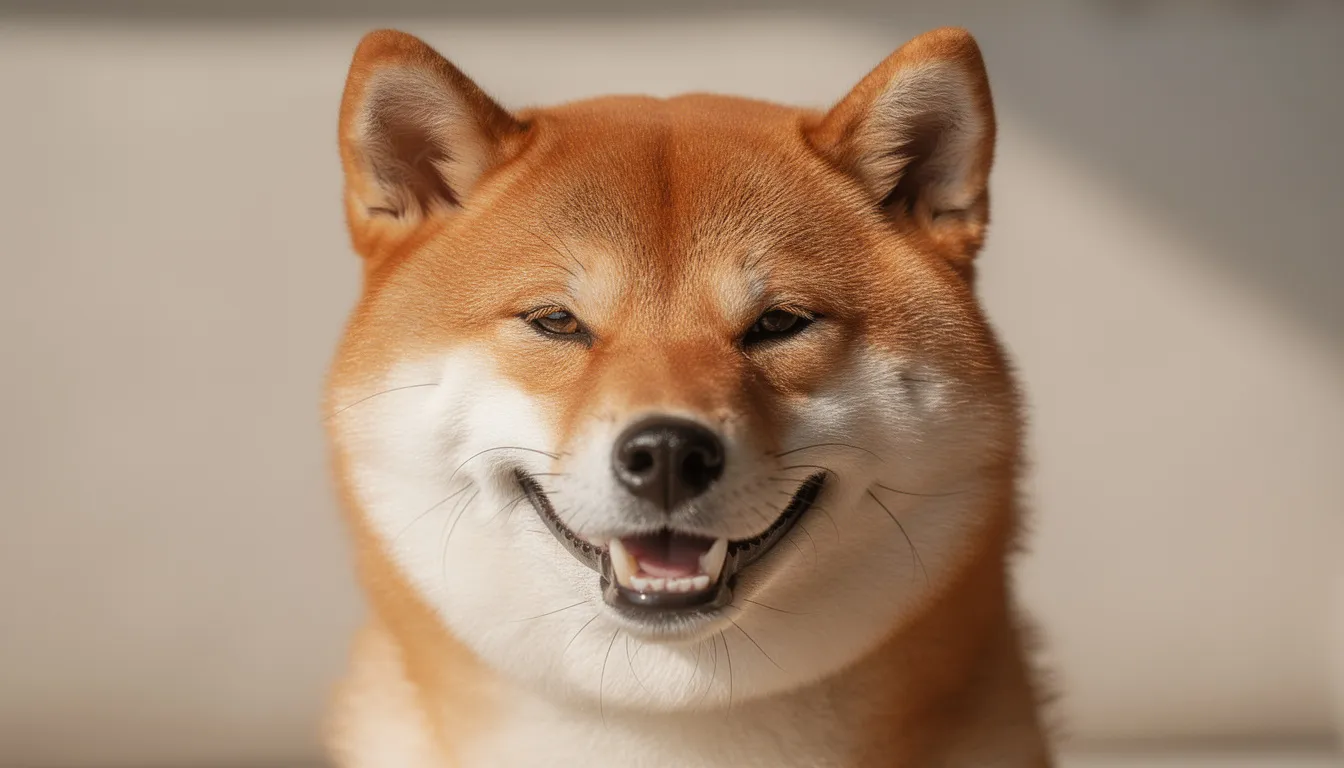 Portret shiba inu z charakterystycznym uśmiechem i lisim wyrazem pyska, ukazujący energiczne psy tej rasy, które są znane ze swojego silnego temperamentu i dobrego zdrowia, jeśli są odpowiednio pielęgnowane. W tle widać przyjazne otoczenie, które podkreśla ich radosny charakter.