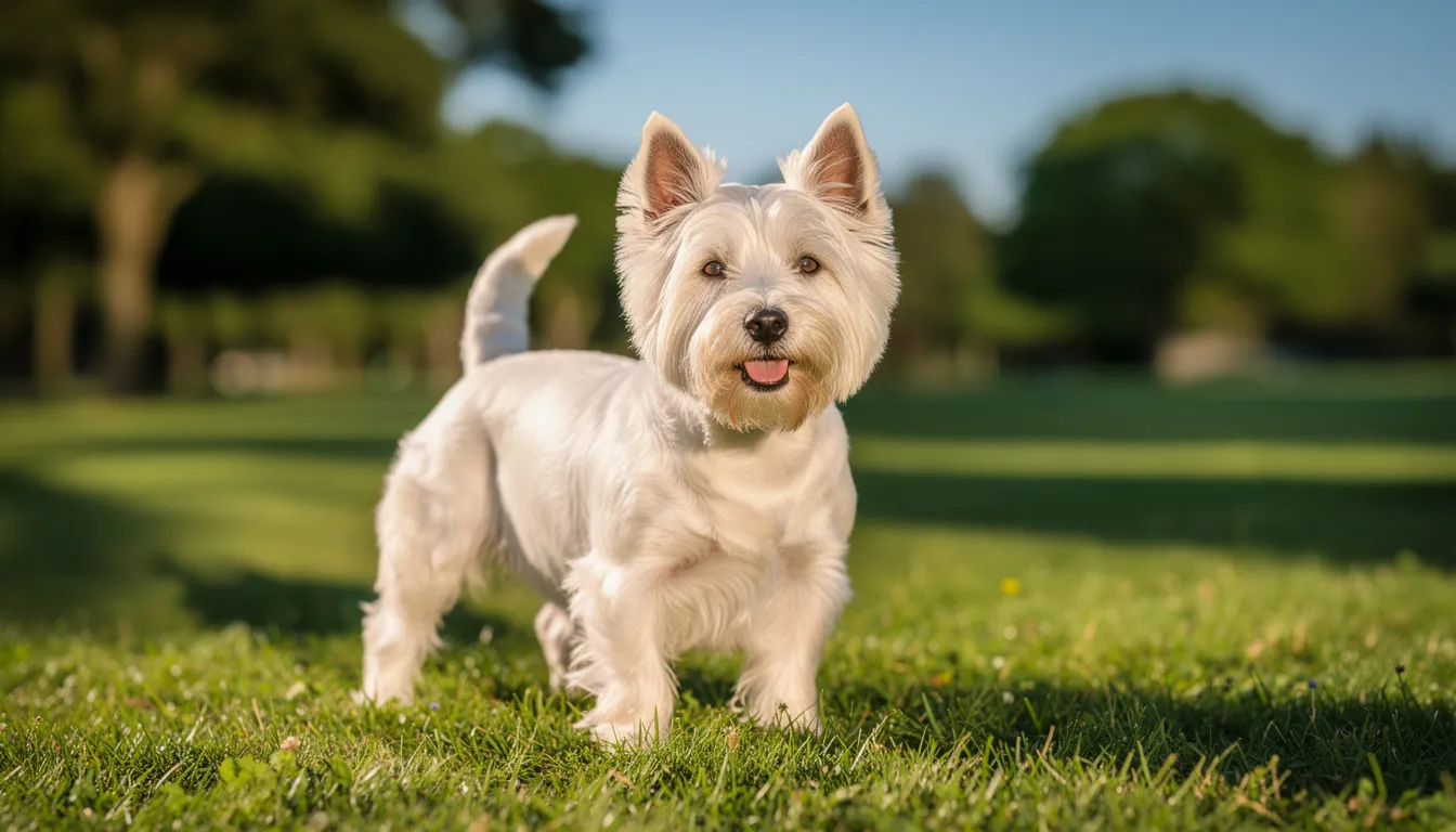 Na zielonej trawie stoi west highland white terrier, pies o śnieżnobiałej sierści, który z pewnością przyciąga uwagę swoim wesołym temperamentem. Słoneczny dzień dodaje uroku tej scenie, podkreślając jasne oczy i pełen wigoru charakter tego niewielkiego psa.
