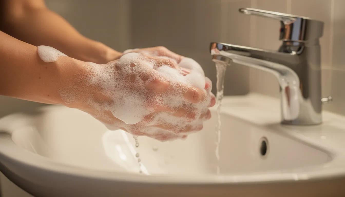 Na obrazku widzimy osobę, która starannie myje ręce mydłem pod bieżącą wodą, co jest kluczowym krokiem w zapobieganiu chorobom odzwierzęcym i zakaźnym. Regularne mycie rąk pomaga unikać kontaktu z bakteriami i pasożytami, które mogą być przenoszone przez zwierzęta domowe.