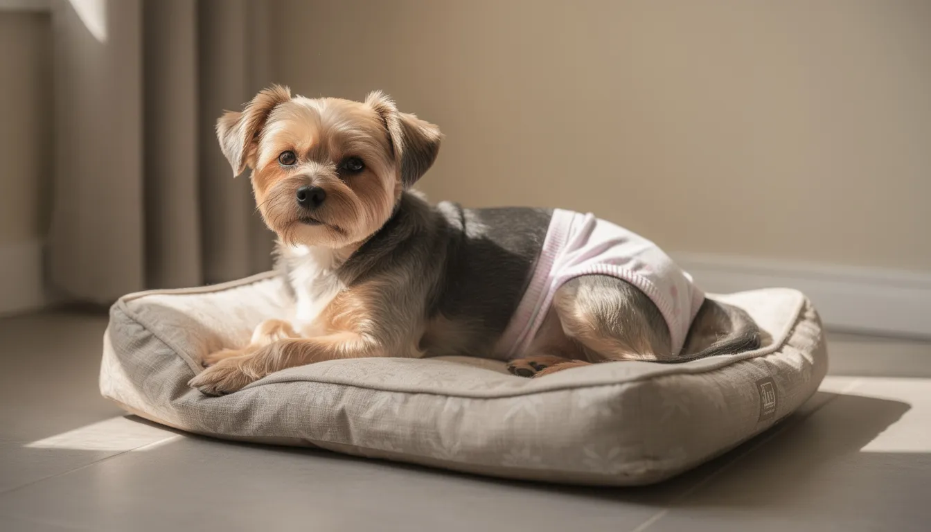 Na obrazku widoczna jest suczka leżąca na swoim legowisku, ubrana w majteczki ochronne, co ma na celu zapewnienie jej komfortu w trakcie cieczki. W tle można dostrzec zabawki, które sugerują, że suczka jest w bezpiecznym i przytulnym otoczeniu, co jest ważne dla jej zdrowia i samopoczucia w czasie cieczki.