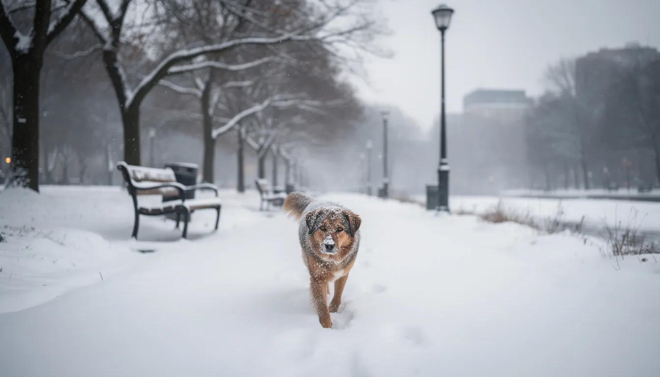 Na zaśnieżonej ścieżce w parku zimą spaceruje pies, którego łapy zostawiają ślady w białym śniegu. Właściciele czworonogów powinni pamiętać o pielęgnacji psich łap zimą, aby zapobiec podrażnieniu delikatnej skóry psa.