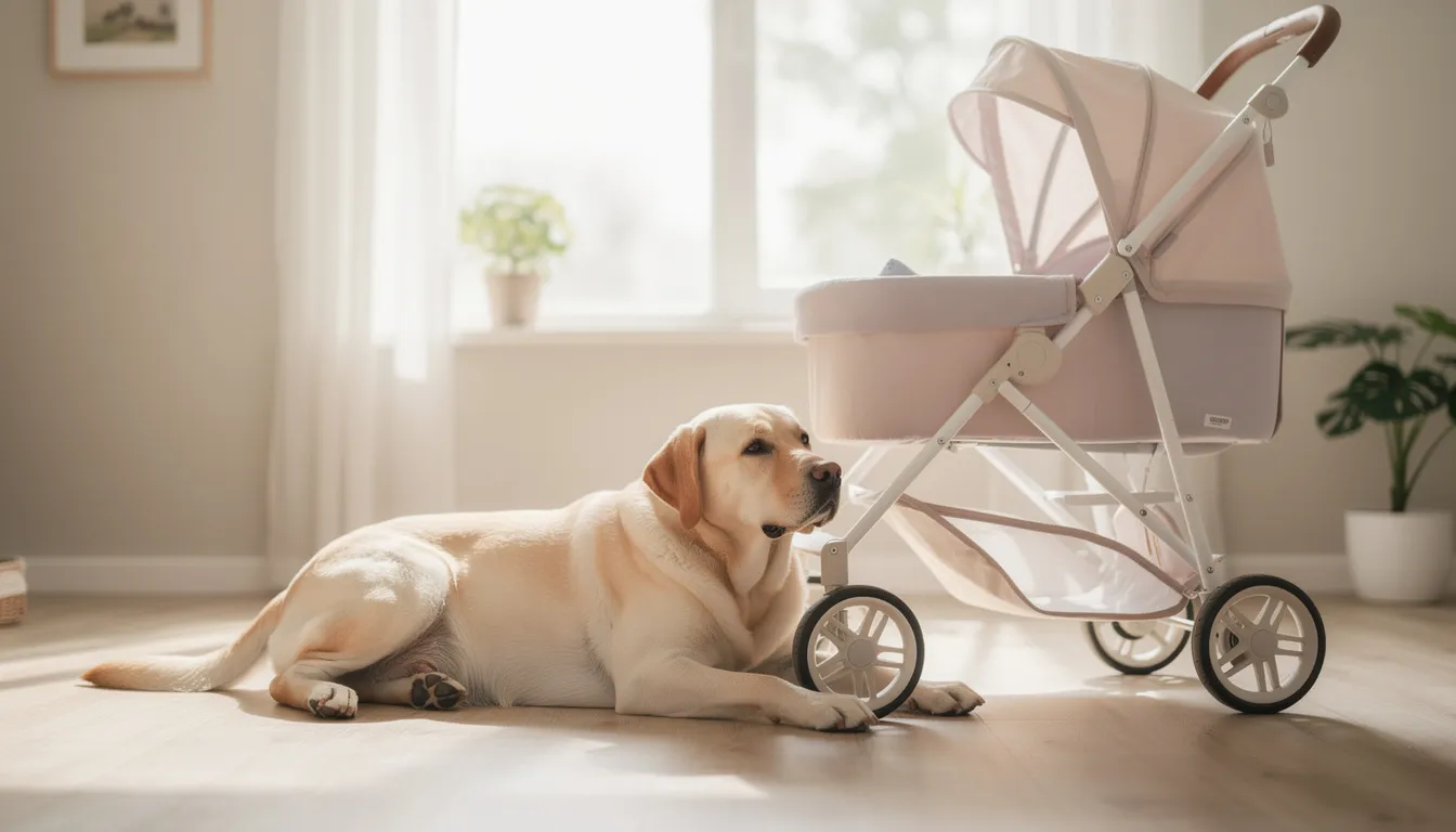 Na zdjęciu w jasnym pokoju leży spokojny labrador obok dziecięcego wózka, co sugeruje przyjazną atmosferę między psem a małym człowiekiem. Pies wygląda na zrelaksowanego, a wózek wskazuje na obecność niemowlęcia w rodzinie.