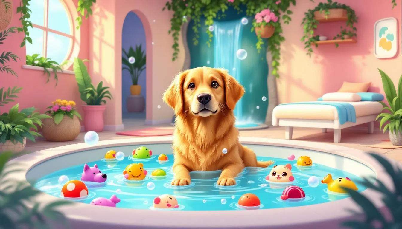 Obraz przedstawiający psa w relaksującym otoczeniu spa, co sugeruje temat no spa dla psa.