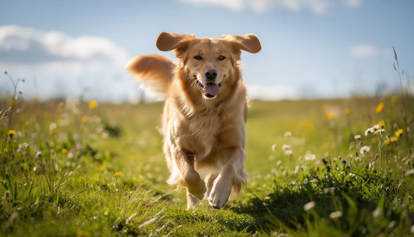 Na zdjęciu widoczny jest pies rasy golden retriever, radośnie biegnący przez słoneczną łąkę, ciesząc się świeżym powietrzem. Warto zadbać o odpowiednią obrożę przeciw pchłom i kleszczom, aby zapewnić skuteczną ochronę naszemu czworonogiemu przyjacielowi.