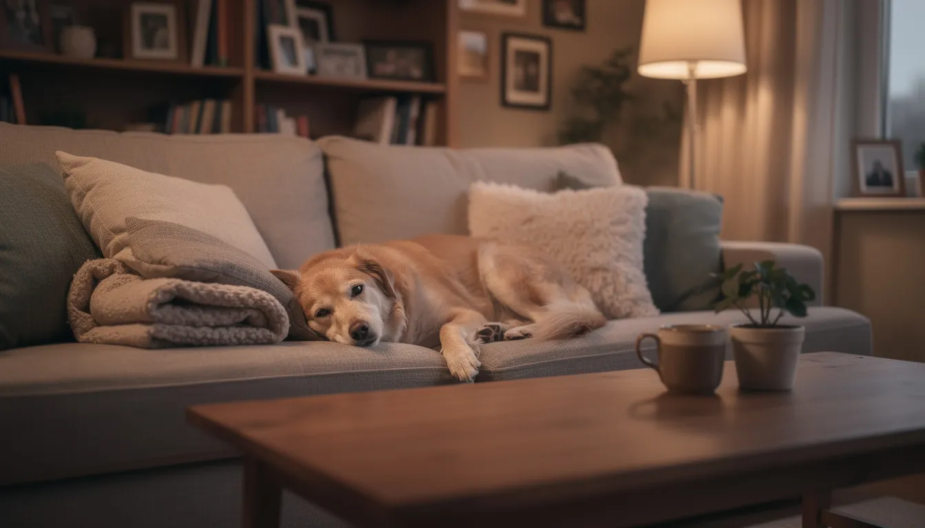 Na kanapie w przytulnym salonie odpoczywa pies, otoczony miękkimi poduszkami i ciepłym światłem. Jego spokojna postawa sprawia, że wnętrze wydaje się jeszcze bardziej komfortowe i zachęcające do relaksu.