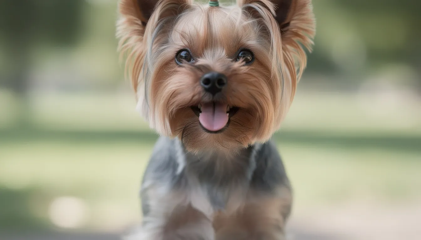 Na zdjęciu znajduje się mały pies rasy yorkshire terrier z otwartym pyskiem, co pozwala zobaczyć jego zęby. Warto pamiętać o higienie jamy ustnej psa, aby zapobiegać powstawaniu kamienia nazębnego i utrzymać zdrowe dziąsła.