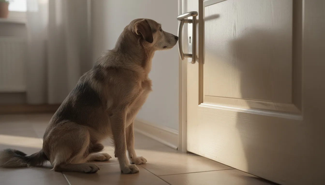 Na obrazie widoczny jest smutny pies siedzący przy drzwiach wejściowych, wpatrujący się w klamkę, co może wskazywać na lęk separacyjny u psa. Jego zachowanie odzwierciedla objawy lęku separacyjnego, takie jak nieobecność opiekuna i silny stres związany z pozostawaniem samego w domu.