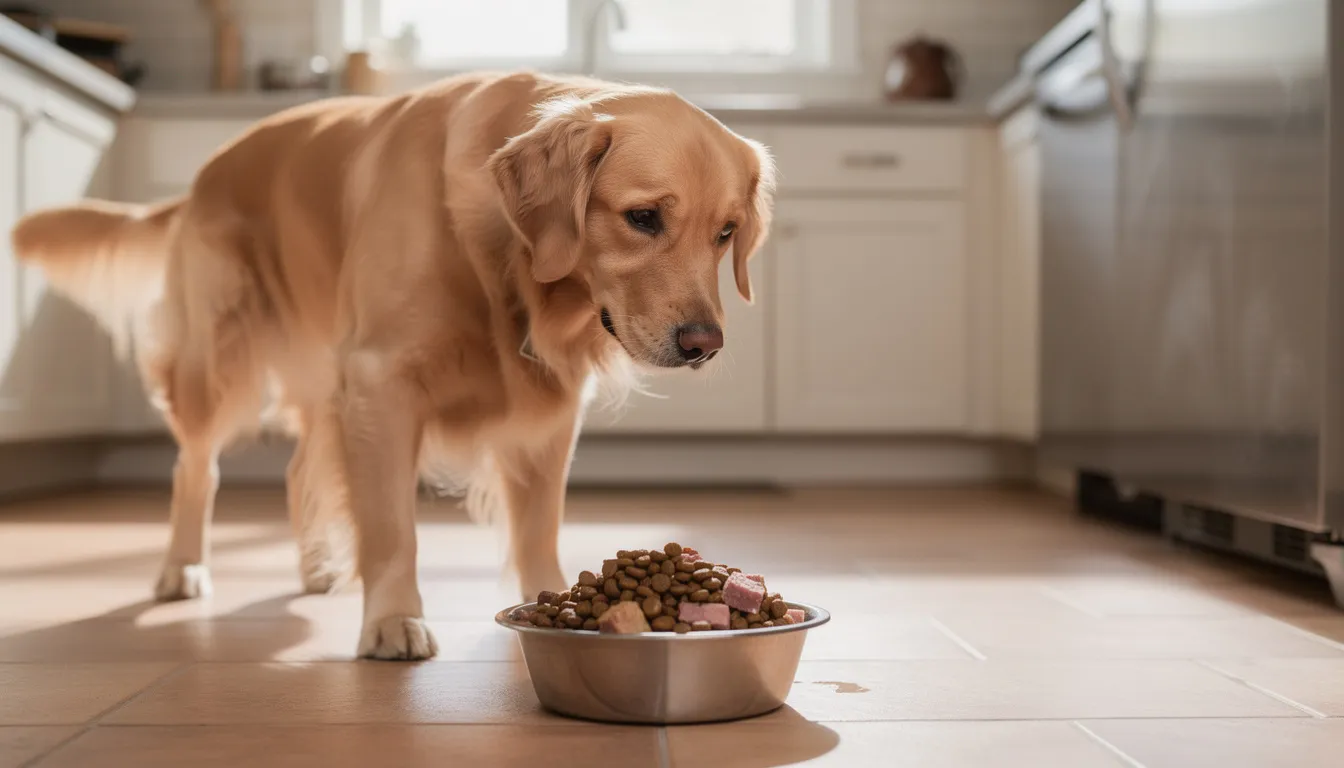 Na obrazku znajduje się pies rasy golden retriever, który z zainteresowaniem patrzy na miskę z jedzeniem w kuchni. Pies może jeść płatki owsiane, które dostarczają cennych składników odżywczych, wspierających jego zdrowie i układ pokarmowy.