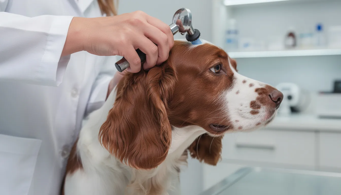 Weterynarz bada ucho psa spaniela za pomocą otoskopu, sprawdzając jego zdrowie i szukając objawów zapalenia ucha. Pies, który może trzepotać uszami z powodu dyskomfortu, jest poddawany regularnej pielęgnacji, aby zapobiegać poważniejszym problemom zdrowotnym.