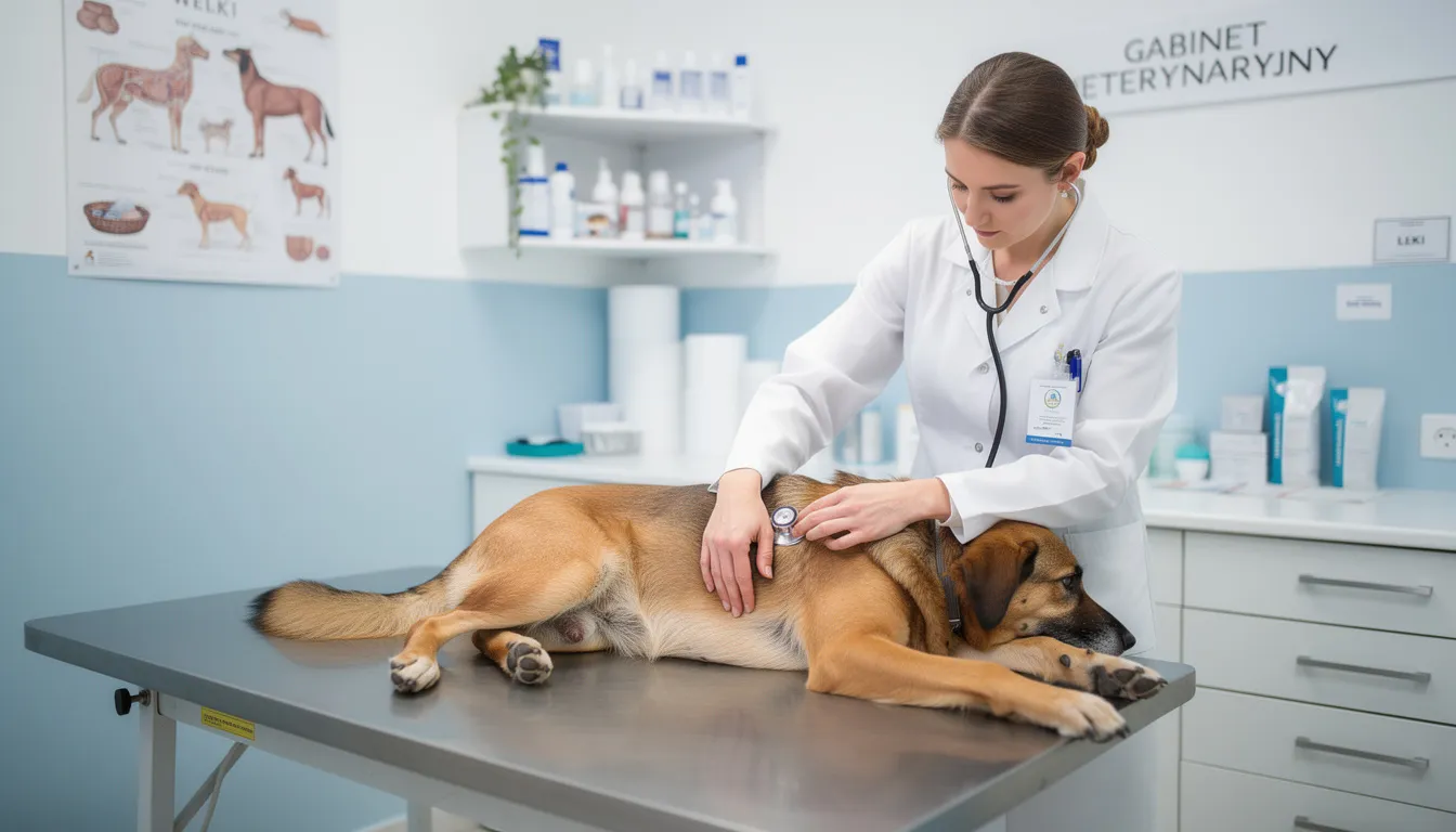 Na stole weterynaryjnym leży pies, który jest badany przez lekarza weterynarii w białym kitlu. W tle można dostrzec sprzęt medyczny, a pies może wykazywać objawy zatrucia pokarmowego, takie jak drżenie mięśni czy utrata apetytu.