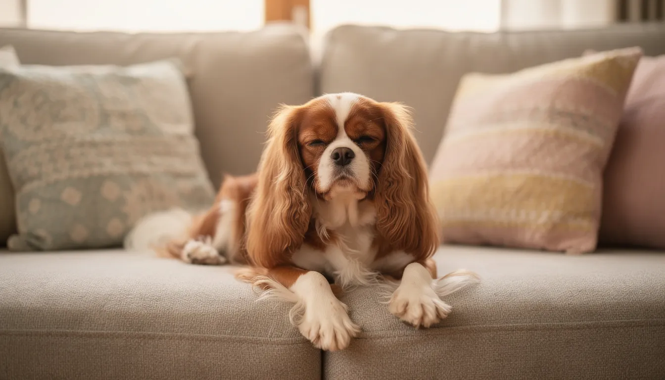 Na kanapie leży spokojny pies rasy cavalier king charles spaniel, otoczony poduszkami, co podkreśla jego łagodne usposobienie i towarzyski charakter. Ten pies o niewielkich rozmiarach jest idealnym towarzyszem dla rodzin, uwielbiającym spędzać czas z ludźmi.