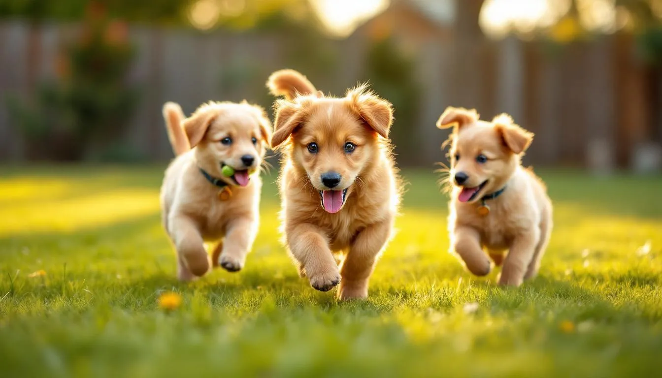 Na obrazku widać szczeniaka bawiącego się z rodzeństwem, który uczy się kontroli gryzienia. Młody pies delikatnie podgryza inne psy, co jest naturalnym zachowaniem w jego życiu i pomaga mu rozwijać umiejętności społeczne.