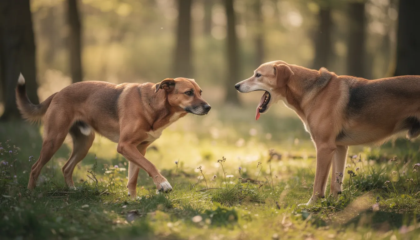 Na polanie spotykają się dwa psy, z których jeden ziewa, pokazując zęby w spokojnym geście. Ziewanie psa może być oznaką zmęczenia lub sygnałem uspokajającym w danej sytuacji.
