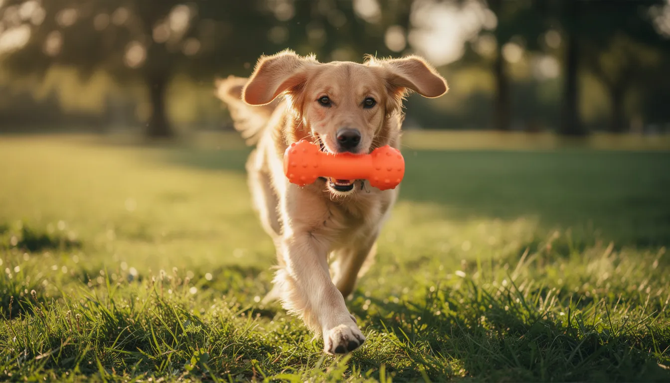 Na zdjęciu widać złotego retrievera biegnącego po zielonej trawie z pomarańczową zabawką w pysku, co ilustruje radosną naukę aportowania. Pies, będąc aktywnym i pełnym energii, zachęca swojego opiekuna do wspólnej zabawy i treningu, co jest ważnym krokiem w nauce przynoszenia przedmiotów.