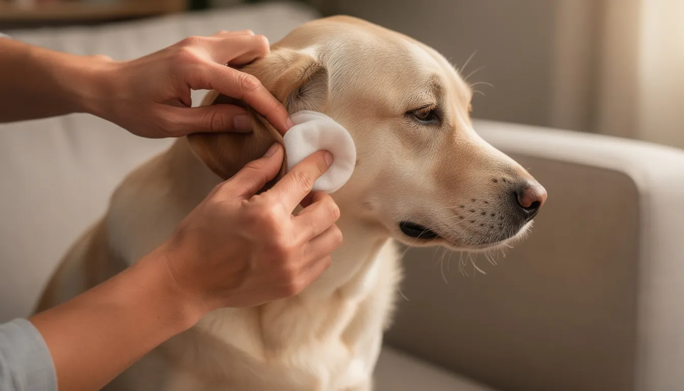Właściciel delikatnie czyści ucho psa, używając wacika, co jest istotne dla regularnej pielęgnacji małżowiny usznej, aby zapobiegać infekcjom i stanom zapalnym. Ucho psa, takie jak małżowina uszna, wymaga szczególnej uwagi, aby uniknąć powstawania krwiaków i dyskomfortu.