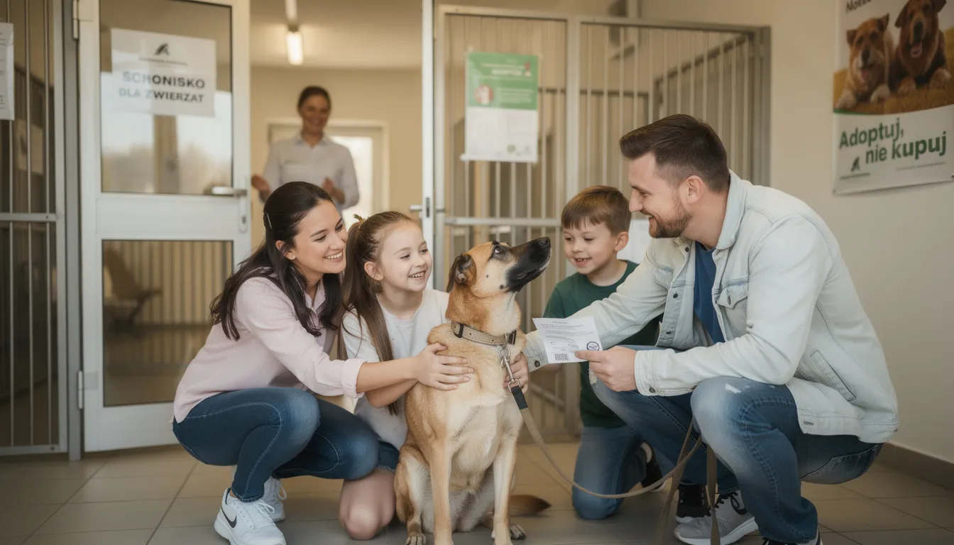 Na zdjęciu widać szczęśliwą rodzinę z dziećmi, którzy właśnie adoptują psa ze schroniska. Wszyscy uśmiechają się, trzymając małego psa, co podkreśla radość z odpowiedzialnego wyboru i nowego członka rodziny.