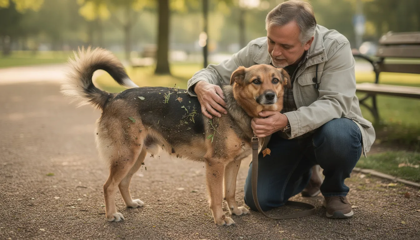 Właściciel psa sprawdza sierść swojego pupila po spacerze w parku, zwracając uwagę na ewentualne objawy choroby, takie jak ciemne zabarwienie sierści czy problemy neurologiczne. Jest to ważne, aby szybko zareagować w przypadku babeszjozy, choroby odkleszczowej, która może prowadzić do poważnych powikłań.