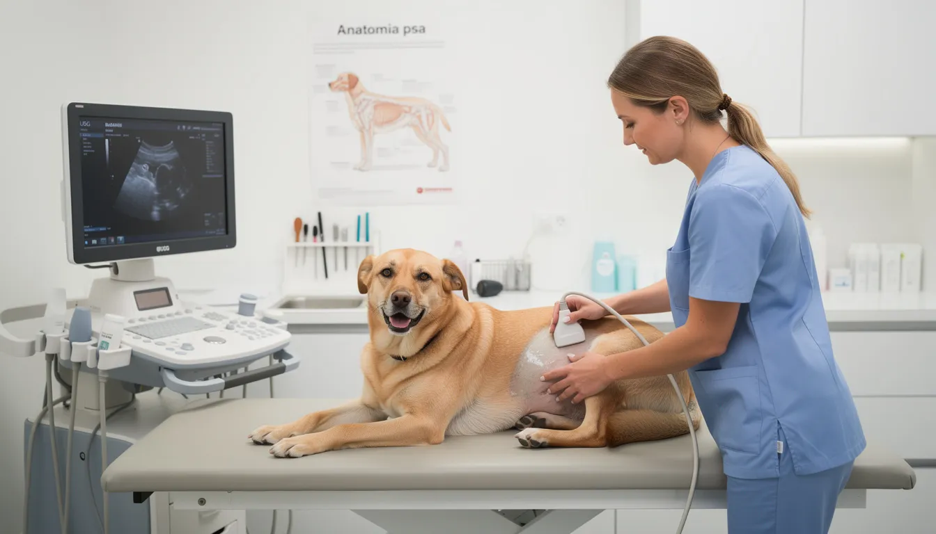 Na obrazku widzimy psa leżącego na stole w gabinecie weterynaryjnym, podczas badania ultrasonograficznego, które ma na celu ocenę stanu zdrowia psa oraz wykrycie ewentualnych nowotworów złośliwych. Lekarz weterynarii przeprowadza badanie, aby sprawdzić obecność guza pierwotnego oraz ocenić stopień zaawansowania nowotworu.