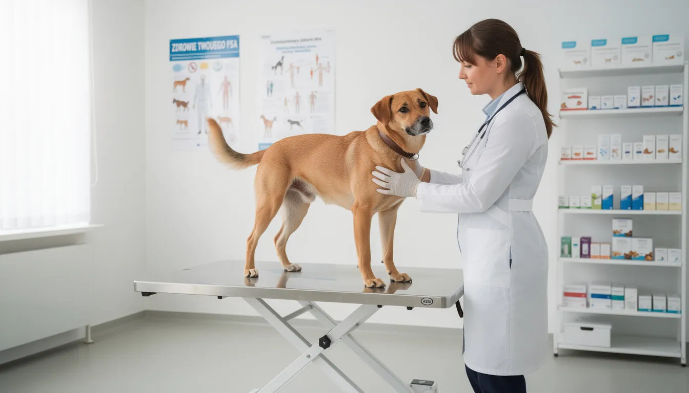 Na stole diagnostycznym lekarz weterynarii bada psa, który może wykazywać objawy skórnego tocznia rumieniowatego, takie jak zmiany skórne wokół nosa i małżowin usznych. Weterynarz ocenia stan zdrowia zwierzęcia, zwracając uwagę na możliwe choroby autoimmunologiczne, w tym toczeń rumieniowaty układowy.