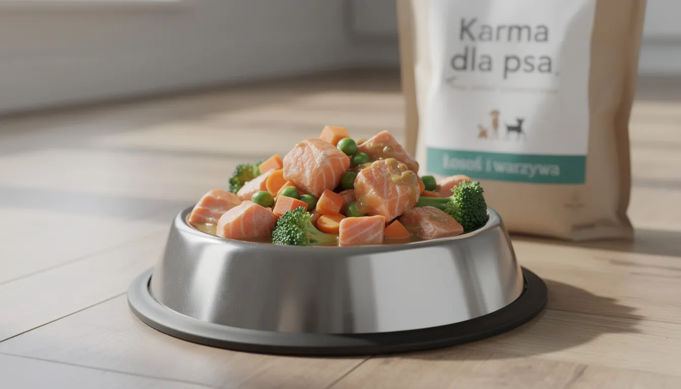 Na obrazku widać miskę z jedzeniem dla psa, wypełnioną kawałkami łososia oraz świeżymi warzywami, które mogą wspierać kondycję sierści psa i ograniczyć nadmierne wypadanie sierści. Taka dieta, bogata w nienasycone kwasy tłuszczowe, może pomóc w poprawie zdrowia skóry i połysku sierści.