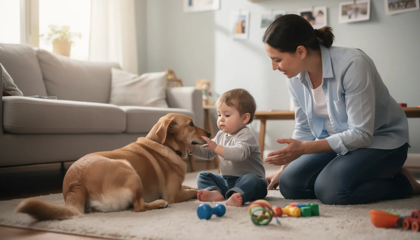 Na zdjęciu widzimy rodzica, który uważnie obserwuje, jak małe dziecko bawi się z psem w domowym salonie. Rodzic dba o bezpieczeństwo malucha podczas pierwszych kontaktów z pupilem, aby zapewnić im obojgu spokojną i bezpieczną zabawę.