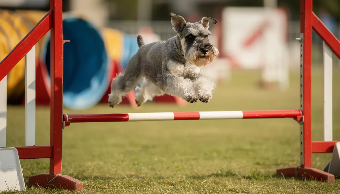 Na zdjęciu widoczny jest sznaucer miniaturowy, który z energią pokonuje przeszkodę na torze agility. Pies tej rasy charakteryzuje się krzaczastą brodą i ciemnymi oczami, a jego niewielki rozmiar sprawia, że jest doskonałym towarzyszem w aktywności fizycznej.