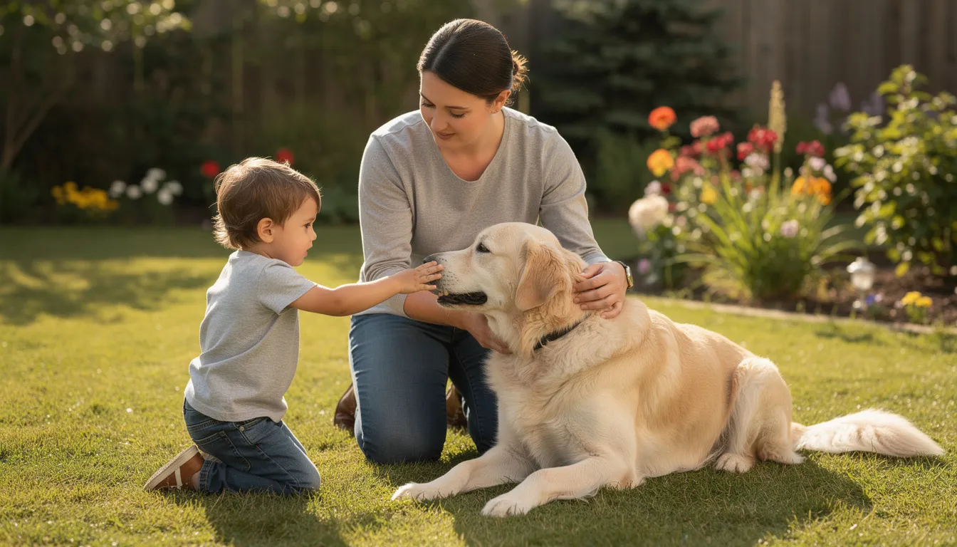 Na obrazku widać dorosłą osobę, która nadzoruje interakcję między dzieckiem a dużym psem w ogrodzie. Pies, prawdopodobnie rasy z dużą siłą, jak owczarek niemiecki lub cane corso, jest spokojny i lojalny, co podkreśla ich rolę jako najlepszego przyjaciela człowieka.