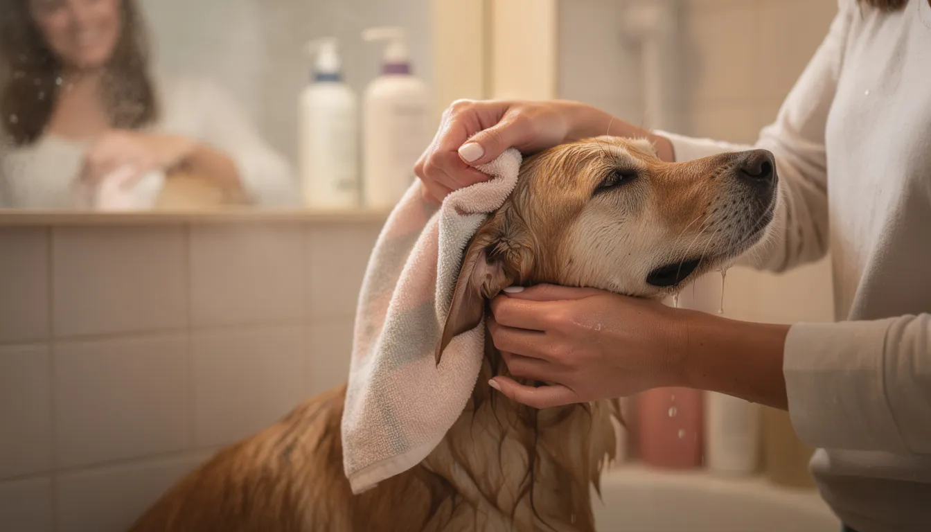 Właściciel delikatnie wyciera uszy swojego psa ręcznikiem po kąpieli, dbając o odpowiednią pielęgnację uszu czworonoga. Regularne czyszczenie uszu jest istotne, aby zapobiegać zapaleniu ucha oraz innym problemom zdrowotnym, takim jak infekcje bakteryjne.