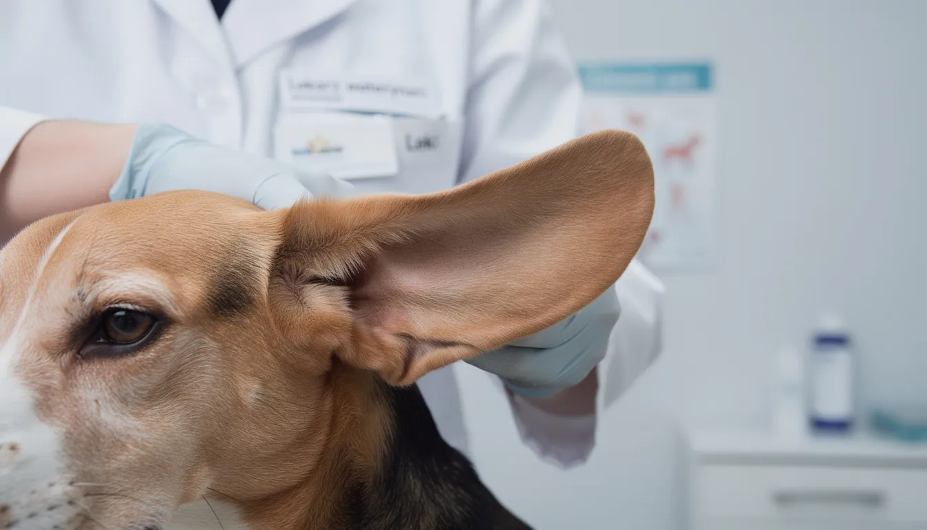 Na zbliżeniu widoczne są zwisające uszy beagla, które są badane podczas wizyty u weterynarza. W tle można dostrzec narzędzia weterynaryjne, co sugeruje, że zwierzę jest poddawane rutynowej kontroli zdrowotnej, co jest ważne dla zapobiegania nieprzyjemnym zapachom i problemom zdrowotnym.
