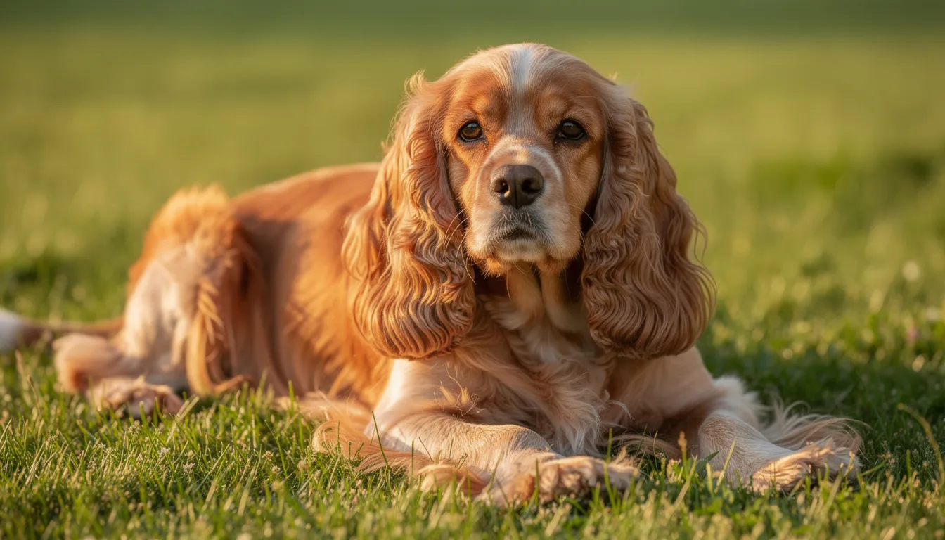 Na zdjęciu leży cocker spaniel z charakterystycznymi opadającymi uszami na trawie, co podkreśla jego urok i radosny charakter. Pies może potrzebować odpowiedniej pielęgnacji uszu, aby zapobiegać chorobom uszu i utrzymać je w czystości.
