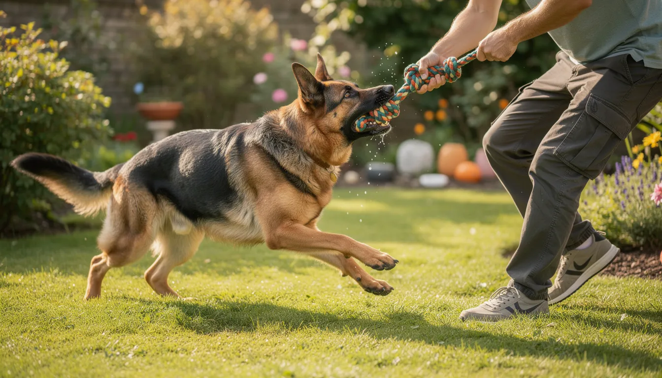 Na zdjęciu widoczny jest dorosły pies rasy owczarek niemiecki bawiący się szarpakiem z właścicielem w ogrodzie. Pies wykazuje naturalną potrzebę gryzienia, a ich wspólna zabawa sprzyja pozytywnemu zachowaniu i stymulacji umysłowej.