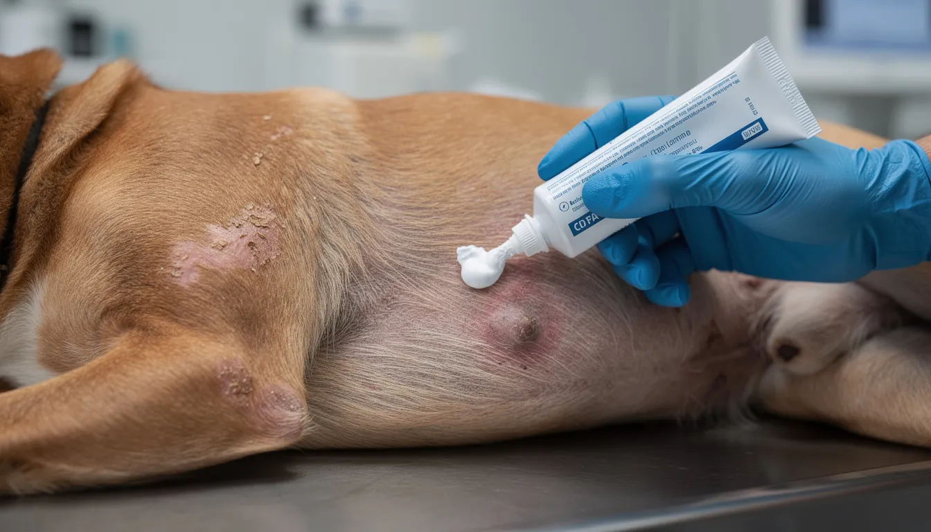 Na zdjęciu widoczna jest ręka aplikująca maść na skórę psa, który ma widoczne zmiany skórne. Zmiany te mogą być objawem świerzbu, choroby skóry wywołanej przez mikroskopijne pasożyty, co powoduje intensywne swędzenie i wymaga odpowiedniego leczenia.