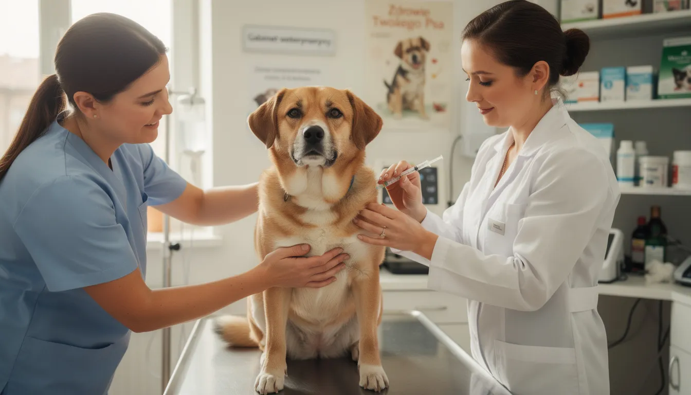Na zdjęciu widoczny jest spokojny pies, który podczas wizyty u lekarza weterynarii otrzymuje szczepienie przeciwko chorobom zakaźnym. Weterynarz podaje mu szczepionkę, co jest częścią podstawowych szczepień psa, niezbędnych dla ochrony zdrowia zwierząt.