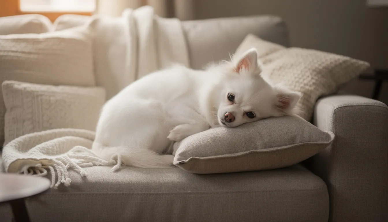 Na obrazku widoczny jest mały, biały i puszysty pies, który leży wygodnie na kanapie, ciesząc się domowym zaciszem. Jego łagodny temperament sprawia, że jest idealnym towarzyszem dla rodzin z dziećmi.