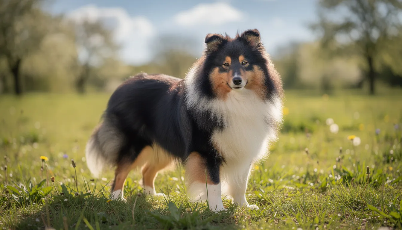 Na polanie w słoneczny dzień stoi owczarek szetlandzki o puszystej, tricolorowej sierści. Pies wygląda na czujnego i radosnego, idealnie wpisując się w krajobraz otaczającej go przyrody.