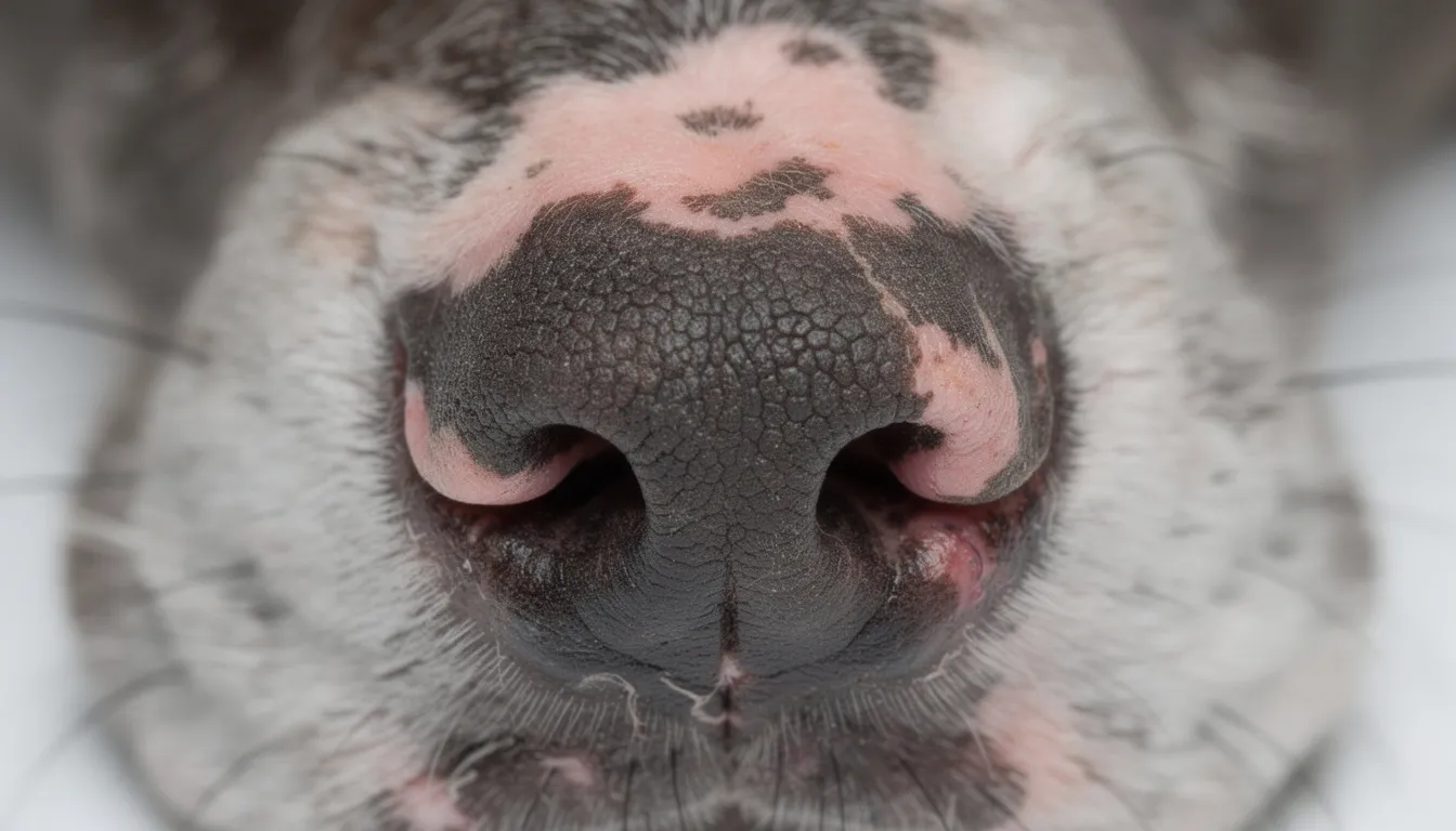 Na zbliżeniu widoczny jest nos psa z wyraźnymi zmianami skórnymi, takimi jak utrata pigmentu oraz zaczerwienienie, co może wskazywać na skórny toczeń rumieniowaty. Zmiany te znajdują się w obrębie płytki nosowej, co może być objawem chorób autoimmunologicznych, takich jak toczeń.