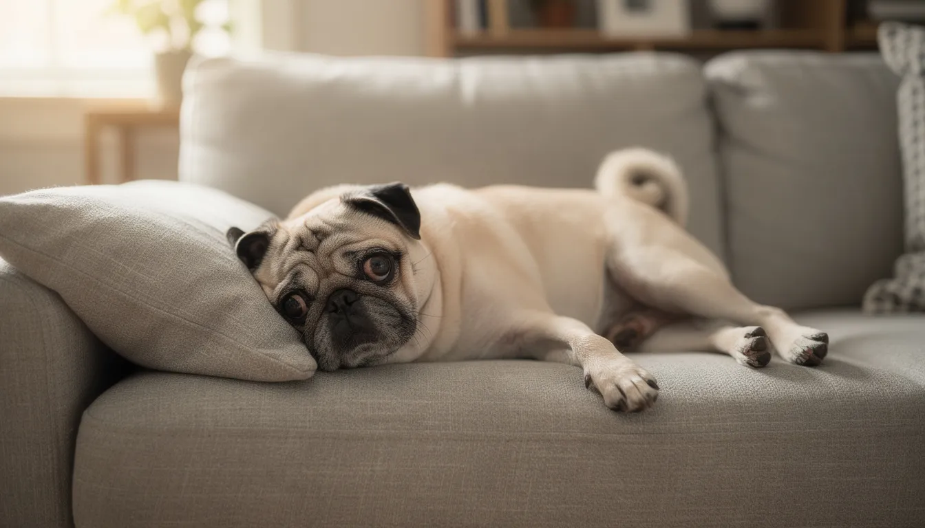 Na kanapie leży mały pies rasy mops, zrelaksowany i spokojny. Jego obecność może przypominać o konieczności regularnych kontroli zdrowia, w tym stanu gruczołów okołoodbytowych, aby zapobiec ewentualnym problemom zdrowotnym.