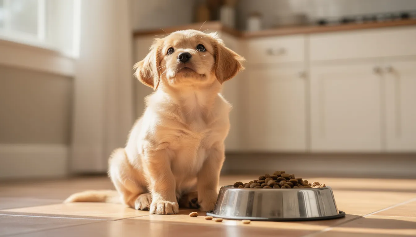 Na obrazku widoczny jest mały szczeniak rasy golden retriever, który z zainteresowaniem przygląda się metalowej misce wypełnionej jedzeniem w kuchni. To zdrowe jedzenie dla psa, które może składać się z gotowanego mięsa oraz warzyw, jest idealnym rozwiązaniem dla opiekunów, którzy chcą zapewnić swojemu pupilkowi odpowiednie składniki odżywcze.