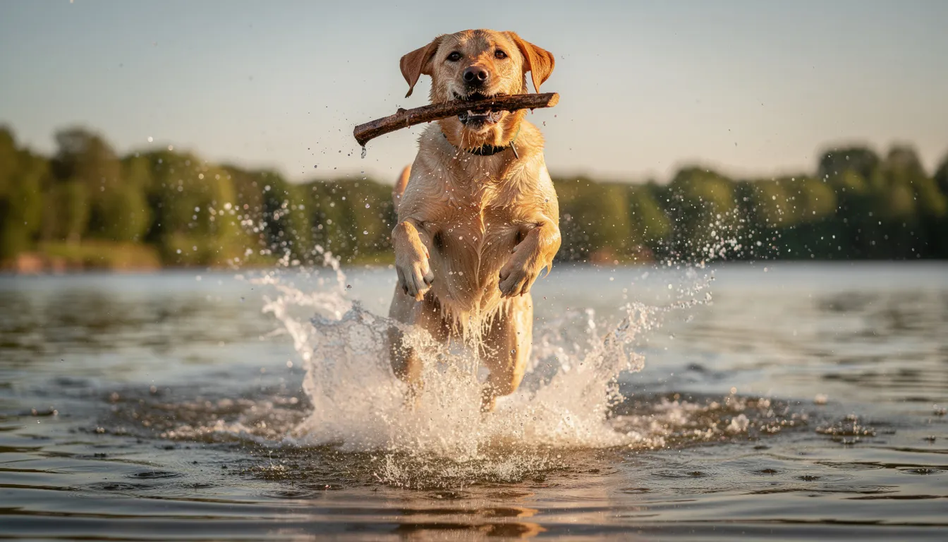 Na zdjęciu widać labradora retrievera, który wyskakuje z wody z patyczkiem w pysku. To energiczny pies rasy krótkowłosej, cieszący się zabawą w wodzie, co jest typowe dla psów tej rasy.