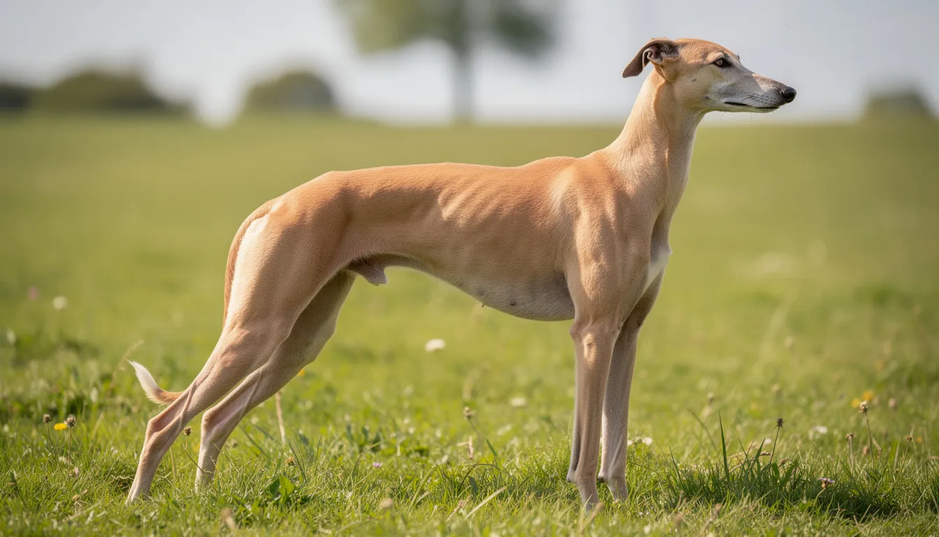 Na zielonej łące stoi elegancki whippet, ukazując swoją smukłą sylwetkę i krótką sierść. Pies tej rasy, znany z łagodnego charakteru, jest doskonałym towarzyszem dla rodzin oraz idealnym psem wyścigowym.