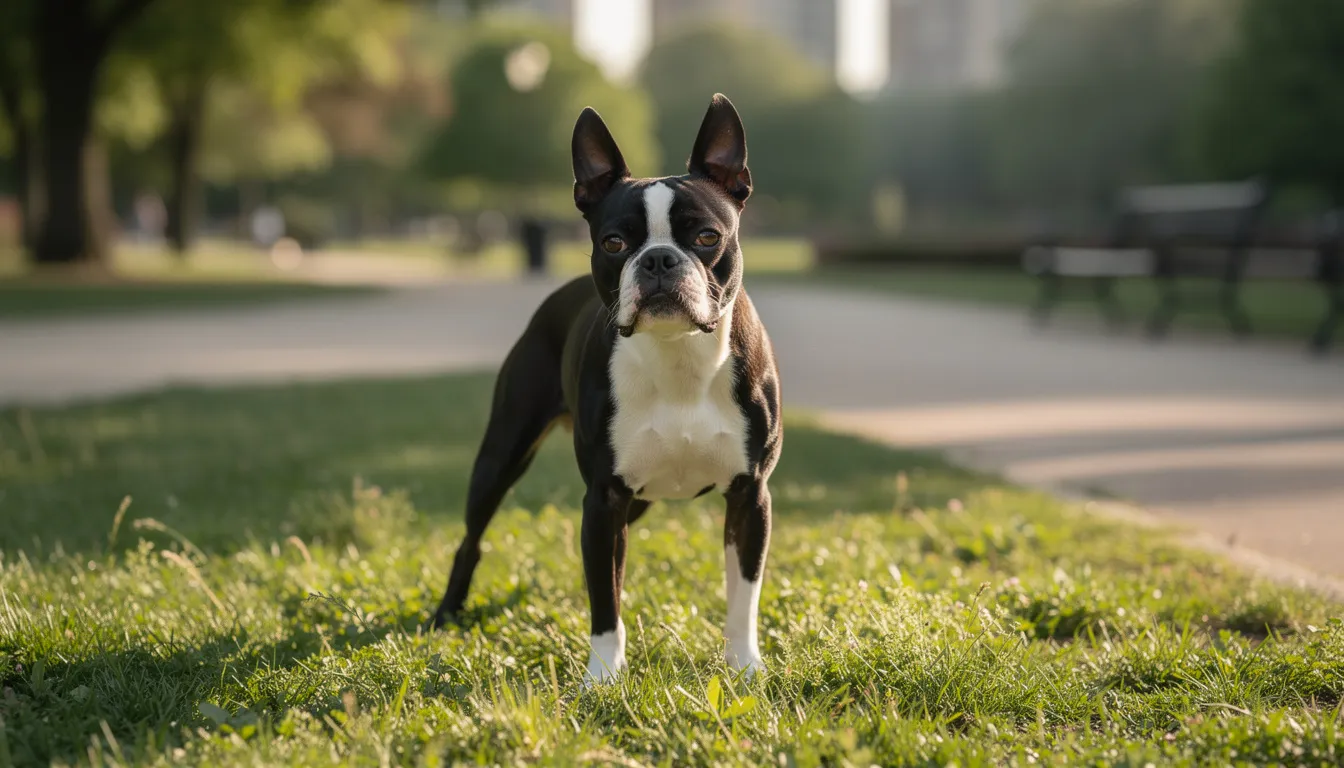 Na zdjęciu znajduje się elegancki boston terrier o czarno-białym umaszczeniu, stojący na trawniku w parku. Pies ma krótką kufę i przyjazny wyraz twarzy, co podkreśla jego urok jako psa rodzinnego.