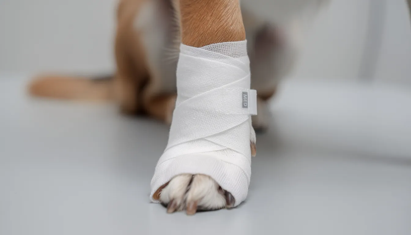 Na zdjęciu znajduje się łapa psa, na której prawidłowo założony jest biały bandaż, co wskazuje na skuteczne leczenie ran. Bandaż ten wspomaga proces gojenia i zapobiega infekcjom, co jest szczególnie ważne w przypadku ran kłutych lub szarpanych.