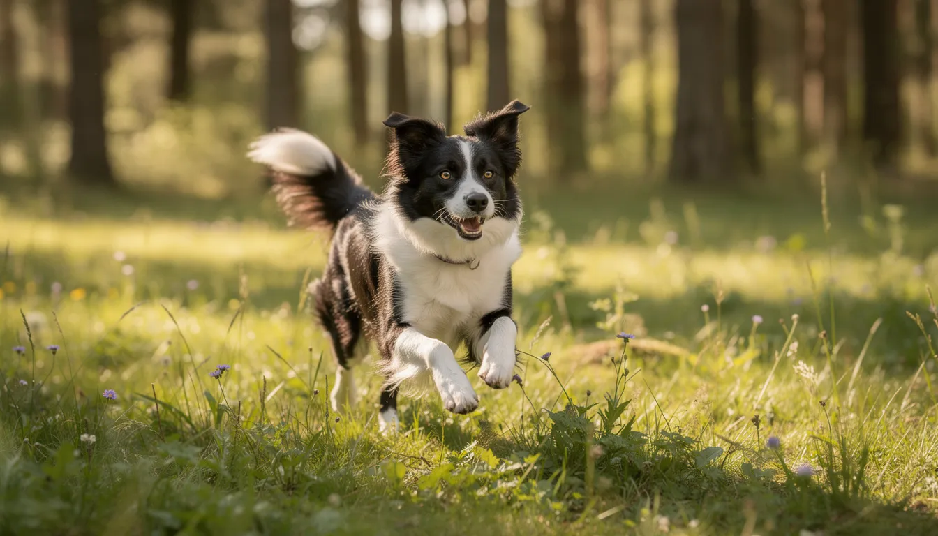 Na leśnej polanie bawi się pies rasy border collie, skacząc radośnie po trawie. Warto zadbać o jego bezpieczeństwo, stosując najlepszą obrożę przeciw pchłom i kleszczom, aby zapewnić długotrwałą ochronę przed pasożytami.