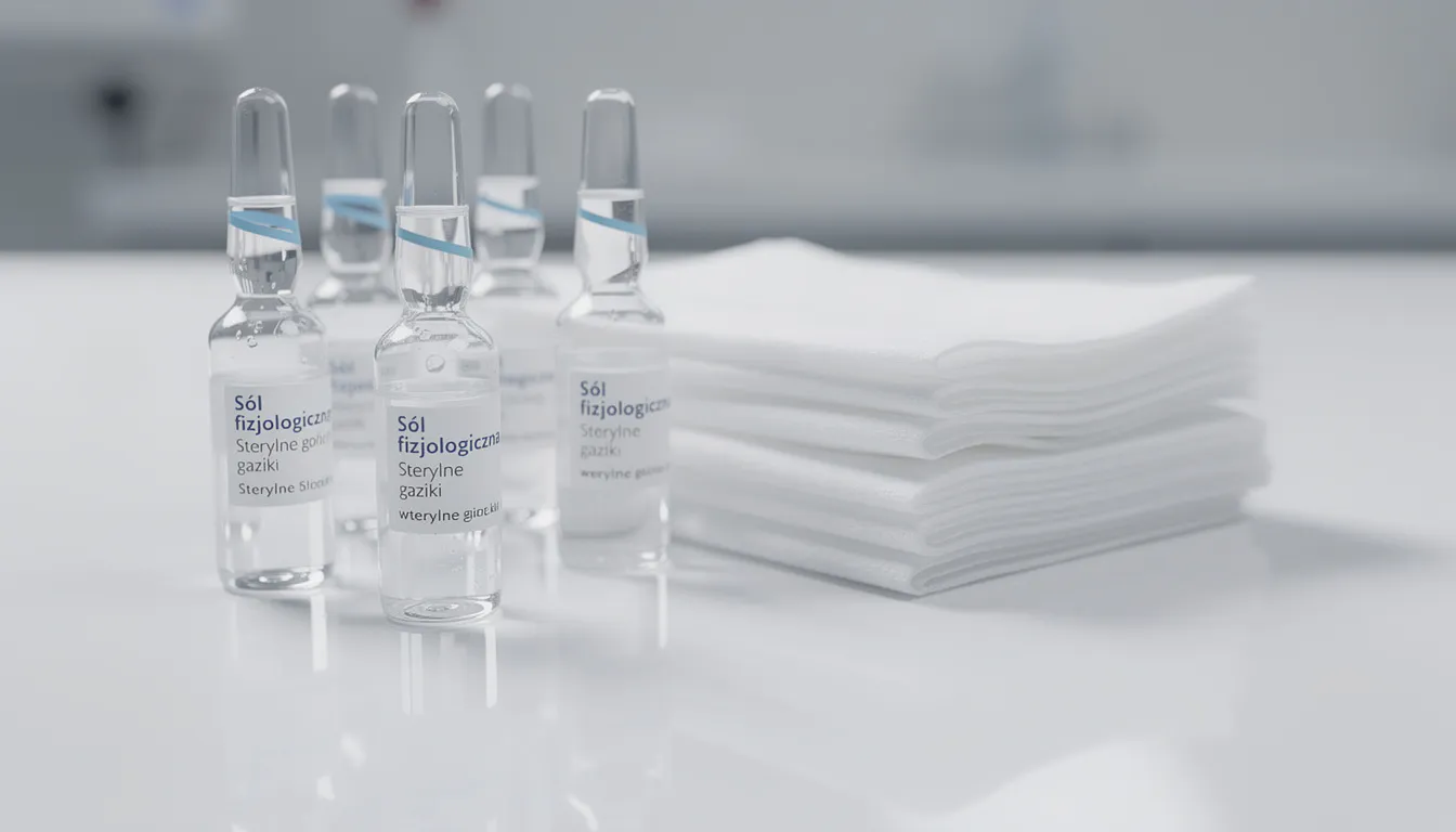 Na czystej powierzchni znajdują się ampułki z solą fizjologiczną oraz sterylne gaziki, które są niezbędne w procesie gojenia ran u psa. Użycie tych materiałów pomaga w dokładnym oczyszczeniu rany, co przyspiesza proces regeneracji tkanek i zmniejsza ryzyko powikłań.