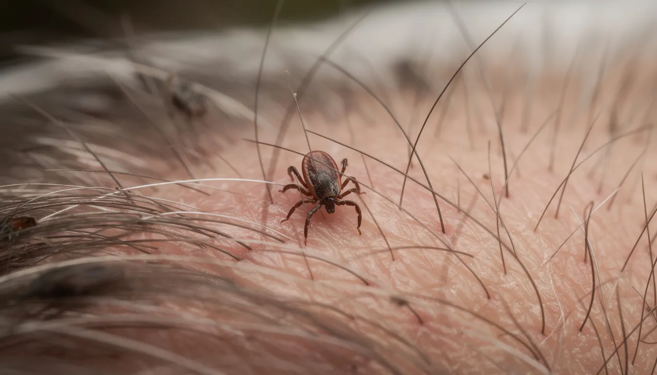 Na zdjęciu widać zbliżenie na kleszcza znajdującego się w sierści psa, co jest istotne w kontekście chorób odkleszczowych, które mogą dotykać czworonożnych przyjaciół. Obecność kleszcza może prowadzić do niepokojących objawów i poważnych chorób, dlatego ważne jest regularne sprawdzanie zdrowia swojego psa.