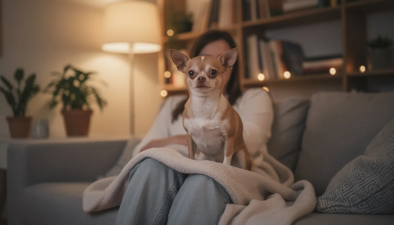 Na zdjęciu widoczny jest mały chihuahua, który siedzi na kolanach swojego właściciela w przytulnym mieszkaniu. Pies tej miniaturowej rasy psów emanuje przyjaznym usposobieniem, a jego obecność tworzy ciepłą atmosferę w domu.