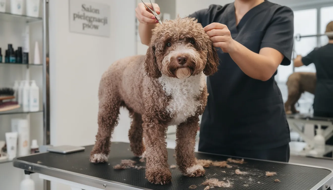 Na zdjęciu widoczny jest lagotto romagnolo podczas profesjonalnej pielęgnacji u groomera, gdzie jego kędzierzawe sierści są starannie czesane i przycinane. Pies tej rasy, znany z silnego instynktu łowieckiego i umiejętności poszukiwania trufli, cieszy się uwagą i troską ze strony groomera.