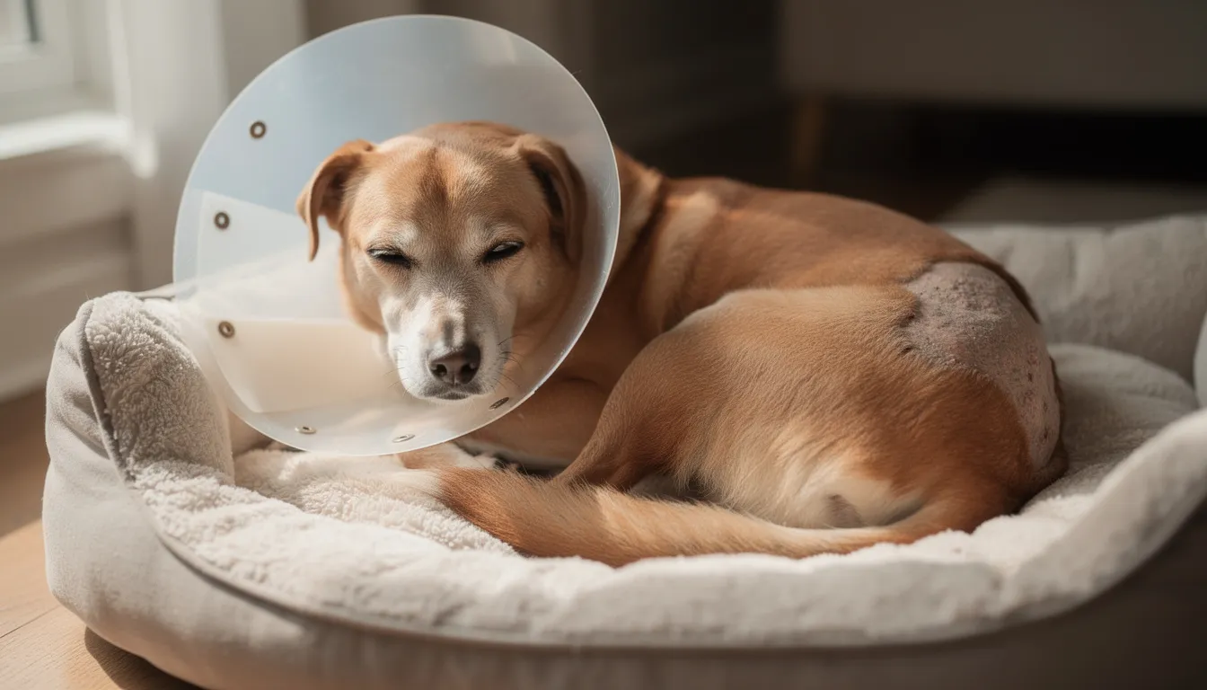 Suka po operacji, z kołnierzem ochronnym, odpoczywa na miękkim posłaniu, co jest typowe po chirurgicznym usunięciu macicy z powodu ropnego zapalenia. Jej stan wymaga dalszego leczenia oraz monitorowania objawów, aby zapobiegać powikłaniom.