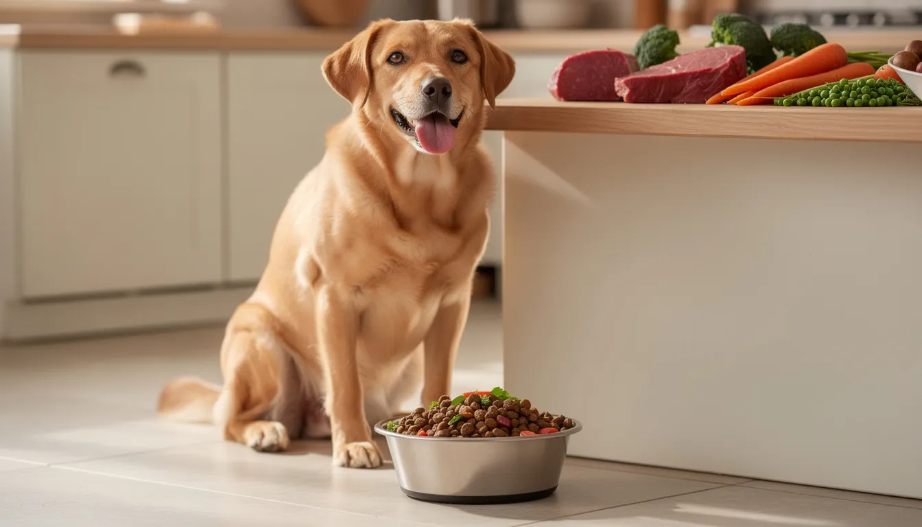 Na obrazku widać szczęśliwego psa siedzącego obok miski z jedzeniem, w której znajdują się składniki odżywcze, takie jak mięso i warzywa. W tle leżą świeże warzywa, które mogą być zdrowym dodatkiem do diety psa, wspierającym jego dobre samopoczucie.