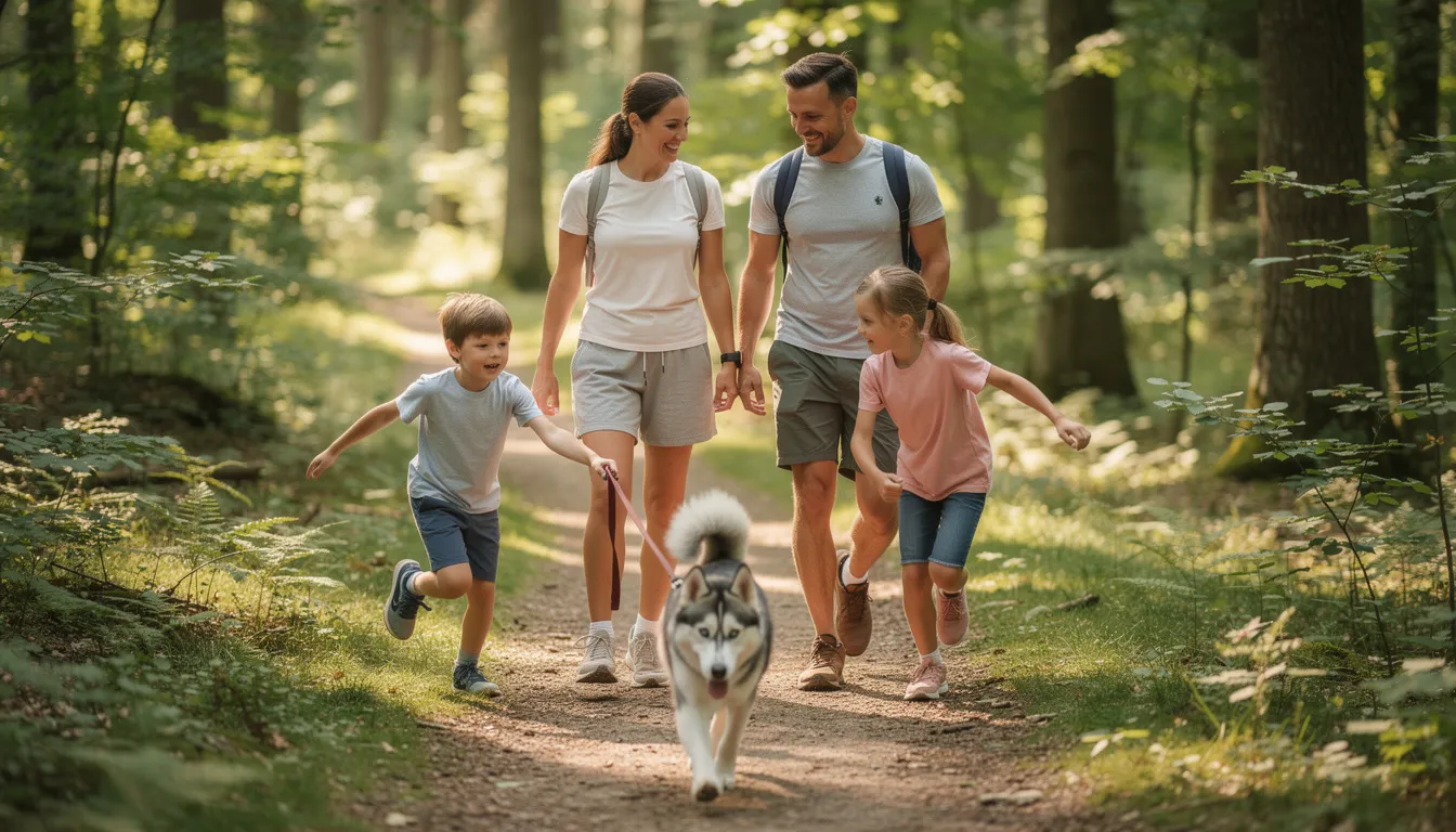 Na zdjęciu widoczna jest aktywna rodzina spacerująca po lesie z małym psem rasy pomsky, który przypomina husky. Pies jest radosny, a jego puszysta sierść i wyraziste oczy przyciągają uwagę, podczas gdy dzieci bawią się w otoczeniu natury.